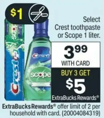 CVS Crest Toothpaste Or Scope offer