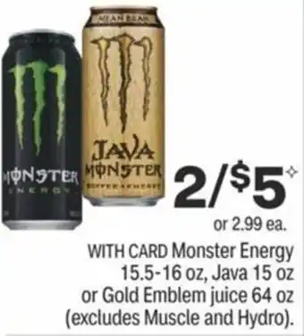 CVS Monster Energy, Java 15 oz Or Gold Emblem Juice 64 oz offer