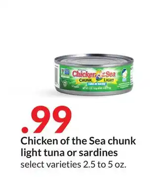 Hy-Vee Chicken of the Sea chunk light tuna or sardines offer