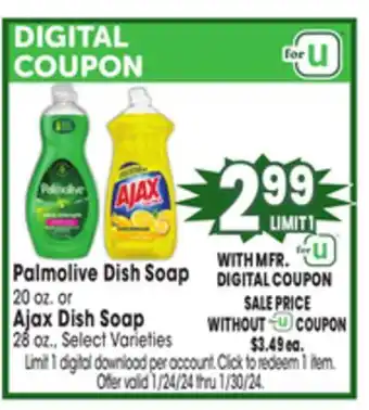 Jewel-Osco Palmolive Dish Soap 20 oz. or Ajax Dish Soap 28 oz offer