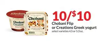 Hy-Vee Chobani Flip or Creations Greek yogurt offer
