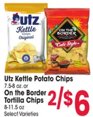 Jewel-Osco Utz Kettle Potato Chips 7.5-8 oz. or On the Border Tortilla Chips 8-11.5 oz offer