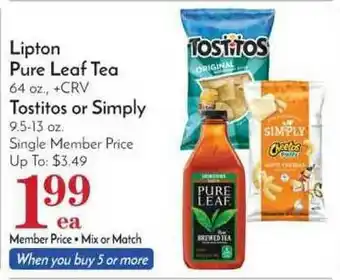 Pavilions Lipton Pure Leaf Tea, Tostitos Or Simply offer