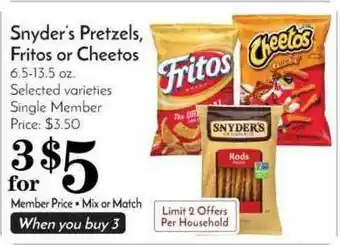 Pavilions Snyder's Pretzels, Fritos Or Cheetos offer