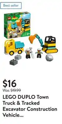 Walmart LEGO DUPLO Town Truck & Tracked Excavator Construction Vehicle 10931 Toy for Toddlers 2 - 4 Years Old Girls & Boys, Fine Moto offer