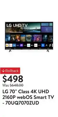 Walmart LG 70 Class 4K UHD 2160P webOS Smart TV - 70UQ7070ZUD offer