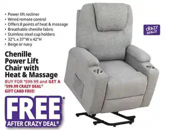 Ocean State Job Lot Chenille Power Lift Chair with Heat & Massage offer