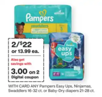 CVS ANY Pampers Easy Ups, Ninjamas, Swaddlers 16-32 ct. or Baby-Dry diapers 21-28 ct. 3.00 on 2 offer