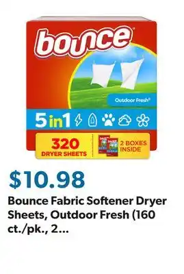 Sam's Club Bounce Fabric Softener Dryer Sheets, Outdoor Fresh (160 ct./pk., 2 pk.) offer
