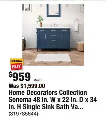 The Home Depot Home Decorators Collection Sonoma 48 in. W x 22 in. D x 34 in. H Single Sink Bath Vanity in Midnight Blue with Carrara Marble offer