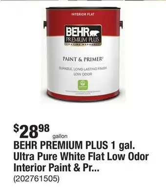 The Home Depot BEHR PREMIUM PLUS 1 gal. Ultra Pure White Flat Low Odor Interior Paint & Primer offer