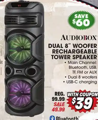 Big 5 Audiobox Dual 8 Woofer Rechargeable Tower Speaker offer