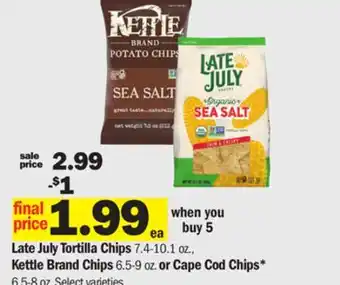 Meijer Late July Tortilla Chips 7.4-10.1 oz., Kettle Brand Chips 6.5-9 oz. or Cape Cod Chips* 6.5-8 oz offer