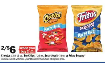 Meijer Cheetos 13.5-15 oz., SunChips 7.25 oz., Smartfood 9.75 oz. or Fritos Scoops* 15.5 oz offer
