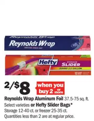 Meijer Reynolds Wrap Aluminum Foil 37.5-75 sq. ft. Select varieties or Hefty Slider Bags* Storage 12-40 ct. or freezer 25-35 ct offer