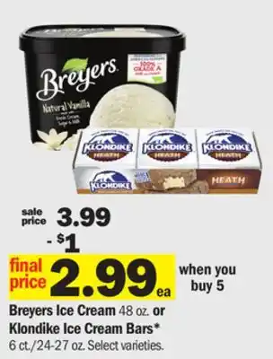 Meijer Breyers Ice Cream 48 oz. or Klondike Ice Cream Bars* 6 ct./24-27 oz offer