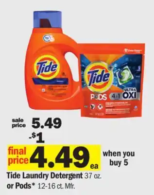 Meijer Tide Laundry Detergent 37 oz. or Pods* 12-16 ct offer
