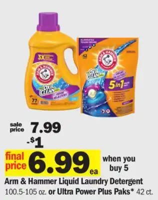 Meijer Arm & Hammer Liquid Laundry Detergent 100.5-105 oz. or Ultra Power Plus Paks* 42 ct offer