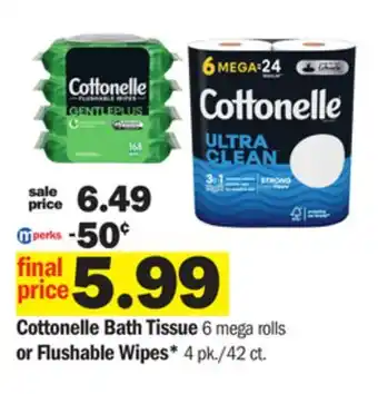 Meijer Cottonelle Bath Tissue 6 mega rolls or Flushable Wipes offer