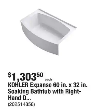 The Home Depot KOHLER Expanse 60 in. x 32 in. Soaking Bathtub with Right-Hand Drain in White offer