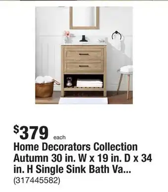 The Home Depot Home Decorators Collection Autumn 30 in. W x 19 in. D x 34 in. H Single Sink Bath Vanity in Weathered Tan with White Engineer offer