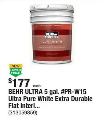 The Home Depot BEHR ULTRA 5 gal. #PR-W15 Ultra Pure White Extra Durable Flat Interior Paint & Primer offer