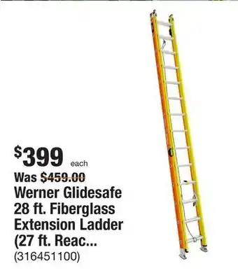 The Home Depot Werner Glidesafe 28 ft. Fiberglass Extension Ladder (27 ft. Reach Height) with 300 lb. Load Capacity Type IA Duty Rating offer