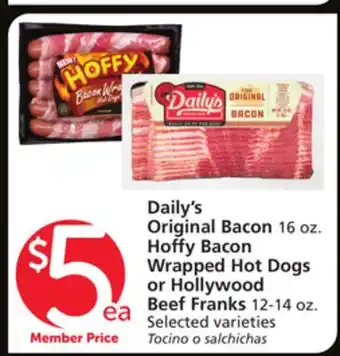 Albertsons Daily's Original Bacon 16 oz. Hoffy Bacon Wrapped Hot Dogs or Hollywood Beef Franks 12-14 oz offer