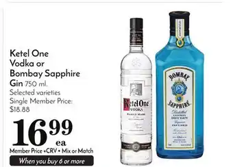 Pavilions Ketel One Vodka or Bombay Sapphire Gin offer