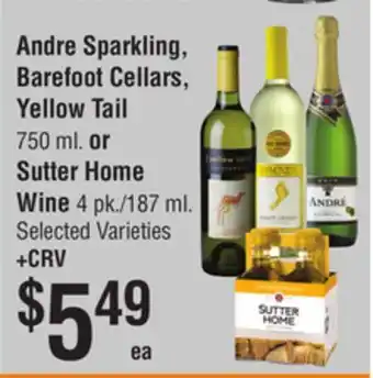 Smart & Final Andre Sparkling, Barefoot Cellars, Yellow Tail or Sutter Home Wine offer