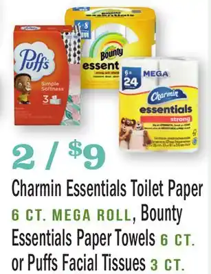 Heinen's Charmin Essentials Toilet Paper 6 ct. Mega Roll, Bounty Essentials Paper Towels 6 ct. or Puffs Facial Tissues 3 ct offer