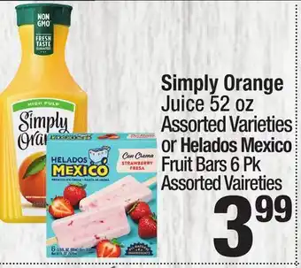 Super King Markets Simply Orange Juice 52 oz Assorted Varieties or Helados Mexico Fruit Bars 6 Pk offer