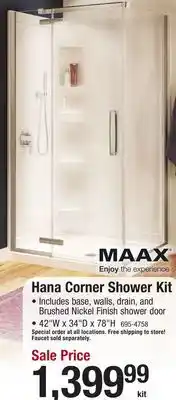 Menards MAAX Hana 42W x 34D x 78H White Corner Shower Kit with Center Drain & Brushed Nickel Enclosure (7-Piece) offer