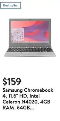 Walmart Samsung Chromebook 4, 11.6 HD, Intel Celeron N4020, 4GB RAM, 64GB eMMC, Platinum Titan, XE310XBA-KC2US offer