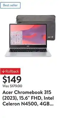 Walmart Acer Chromebook 315 (2023), 15.6 FHD, Intel Celeron N4500, 4GB RAM, 64GB eMMC, Pure Silver, Protective Sleeve Included, CB315 offer