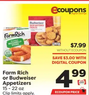 Weis Markets Farm Rich or Budweiser Appetizers offer