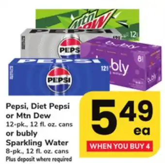ACME Pepsi, Diet Pepsi or Mtn Dew 12-pk., 12 fl. oz. cans or bubly Sparkling Water 8-pk., 12 fl. oz. cans offer