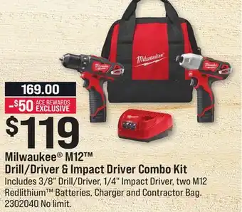 Ace Hardware Milwaukee M12 Drill/Driver & Impact Driver Combo Kit offer