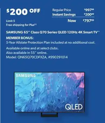Sam's Club SAMSUNG 65 Class Q70 Series QLED 120Hz 4K Smart TV offer
