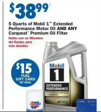 Carquest 5 Quarts Of Mobil Extended Performance Motor Oil And Any Carquest Premium Oil Filter offer