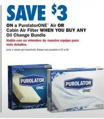 Carquest Purolator One Air Or Cabin Air Filter, Oil Change Bundle offer