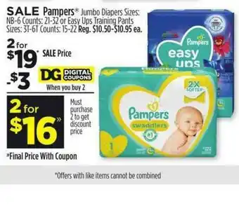 Dollar General Pampera® Jumbo Diapers Sizes: NB-6 Counts Or Easy Ups Training Pants Sizes: 3T-6T Counts offer