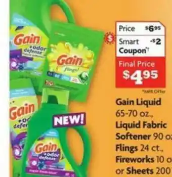 Family Dollar Gain Liquid 65-79 Oz., Liquid Fabric Softener 90 Oz., Flings 24 Ct., Fireworks 10 Oz Or Sheets 200 offer