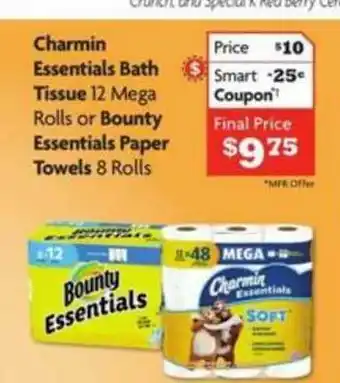 Family Dollar Charmin Essentials Bath Tissue 12 Mega Or Bounty Essentials Paper Towels 8 Rolls offer