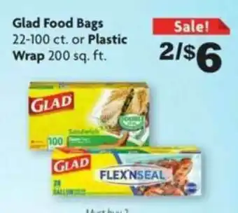 Family Dollar Glad Food Bags 22-100 Ct. Or Plastic Wrap 200 Sq. Ft. offer