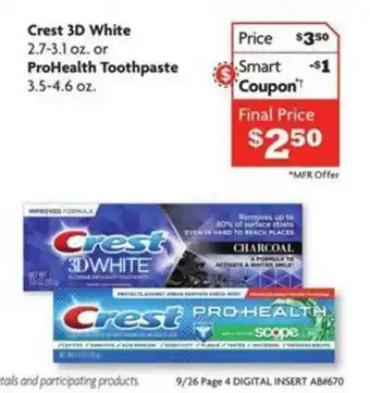 Family Dollar Crest 3D White Or ProHealth Toothpaste offer