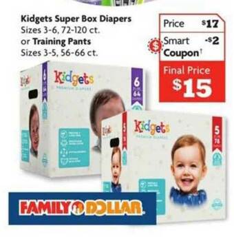 Family Dollar Kidgets Super Box Diapers Or Training Pants offer