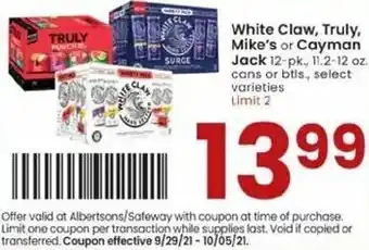 Albertsons White Claw, Truly, Mike's Or Cayman Jack offer