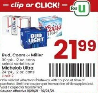 Albertsons Bud, Coors Or Miller offer