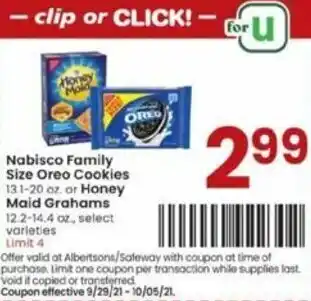 Albertsons Nabisco Family Size Oreo Cookies, Maid Grahams offer